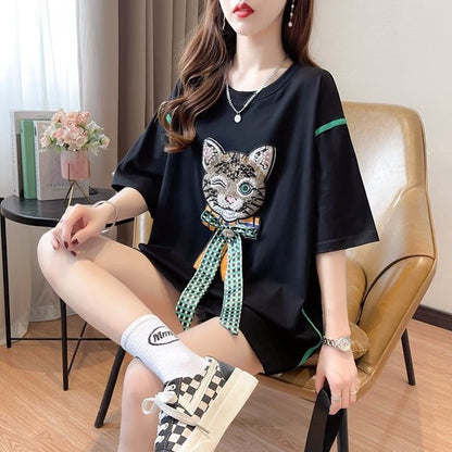 質感のいい 猫刺繍 立体のリボン ロング Tシャツ ゆったり半袖 ＜U-2919＞