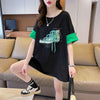 韓国系 プリント ラウンドネック ロング Tシャツ ゆったり半袖 ＜U-2988＞