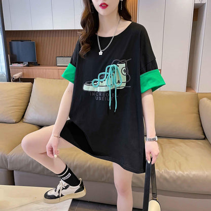 韓国系 プリント ラウンドネック ロング Tシャツ ゆったり半袖 ＜U-2988＞