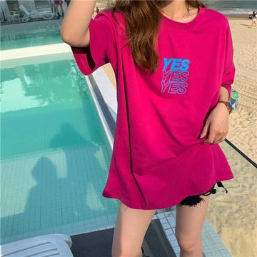 着心地良い プリント アルファベット ロング Tシャツ ゆったり半袖 ＜U-2851＞