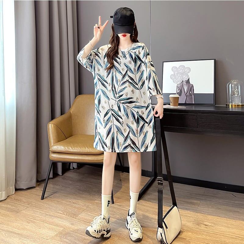 美人度アップ プリント オシャレ感たっぷり Tシャツ カットソー ワンピース＜U-3493＞