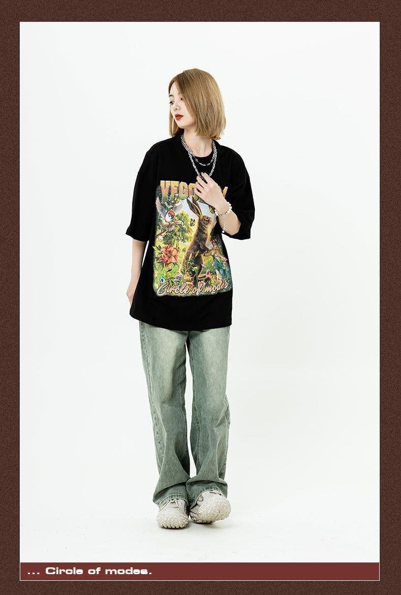 アメリカンレトロ絵画ウサギ半袖Tシャツカップル男女同スタイル<U-2910>