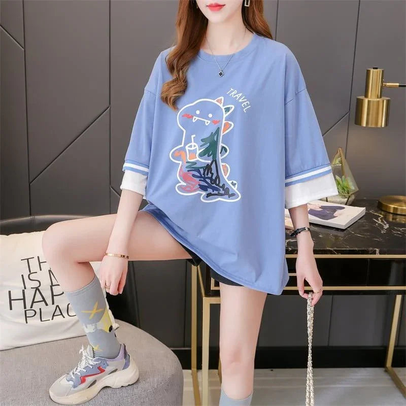 合わせやすい アルファベット ラウンドネック プリントTシャツ ゆったり ワンピース＜U-3992＞
