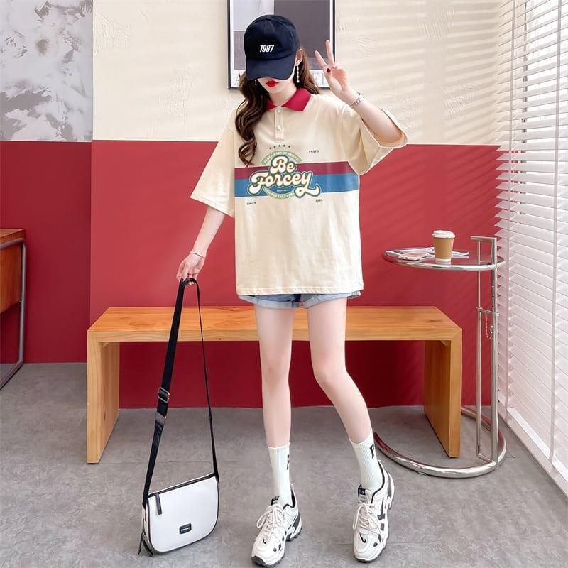 スタイルアップ グラフィック POLOネック ドロップショルダーTシャツ ゆったり半袖 ＜U-3048＞