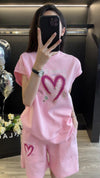 超人気 ホットダイヤモンド カジュアル プリント 半袖Tシャツ ショートパンツ セットアップ ＜U-9215＞