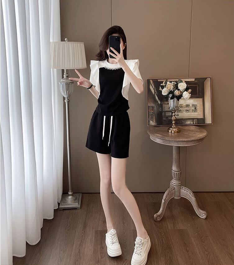 新商品 ホットダイヤモンド 絶対欲しい 切り替え 半袖 Tシャツ ショートパンツ セットアップ<U-8864>