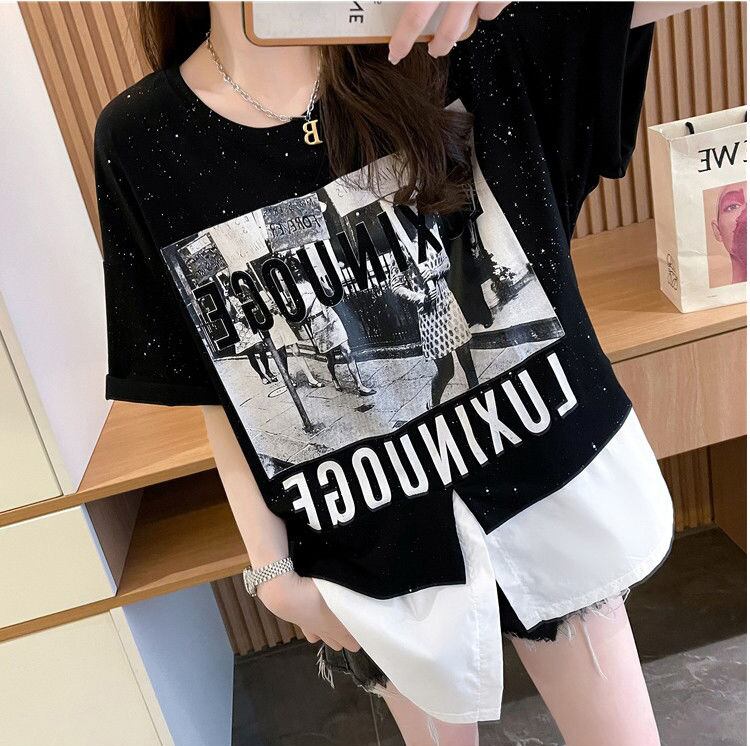 絶対流行 レイヤード風 レース プリント全2色 半袖Tシャツ<U-8821>