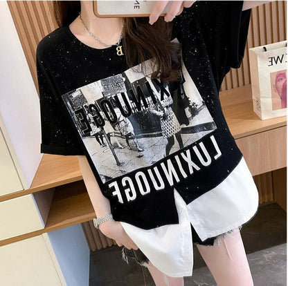 絶対流行 レイヤード風 レース プリント全2色 半袖Tシャツ<U-8821>