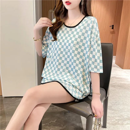 好感度満載 ラウンドネック 女性力を高める チェック柄 Tシャツ カットソー＜U-2985＞