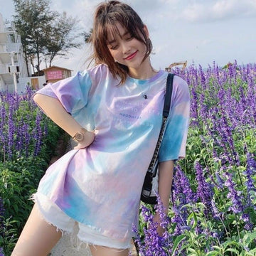 夏らしいタイダイグラデーションルーズ半袖Tシャツ<isf-2961>