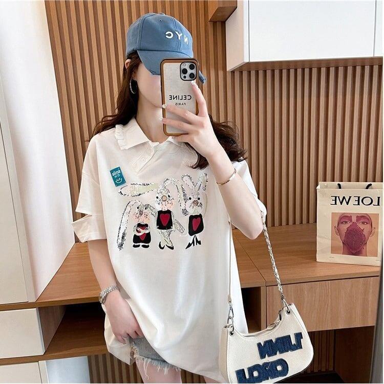 美人度アップ 折り襟 可愛いウサギちゃん プリントロング Tシャツ ゆったり半袖 ＜U-2956＞