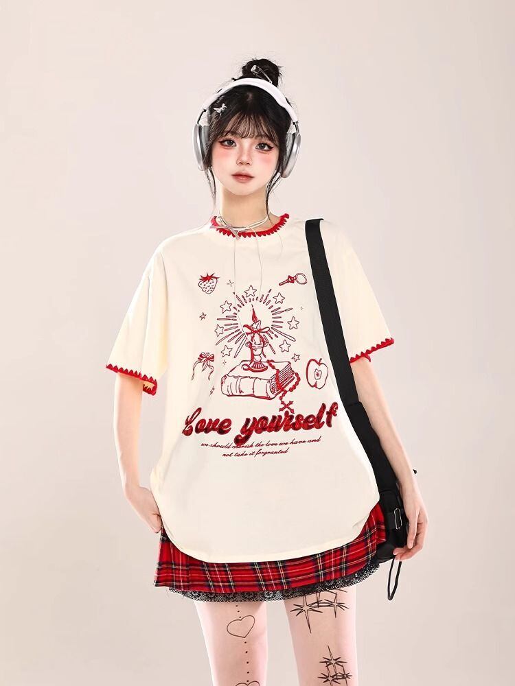 大人可愛い 早い者勝ち 絶対流行 カジュアル 2色選択 Tシャツ<U-11108>