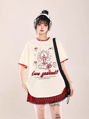 大人可愛い 早い者勝ち 絶対流行 カジュアル 2色選択 Tシャツ<U-11108>