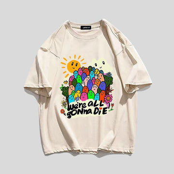 スタイルアップ効果抜群 キュート カジュアル ルーズ プリント全6色 半袖Tシャツ<U-8970>