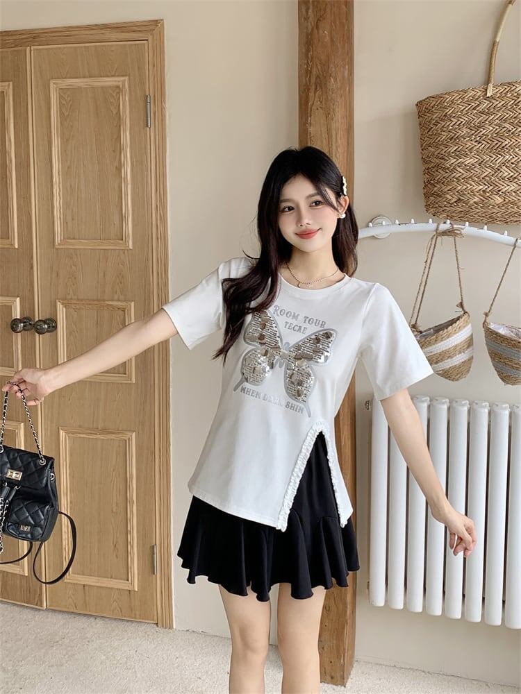絶対欲しい キュート 超人気 ピンク プリント スパンコール 3色選択 半袖Tシャツ＜U-8570＞