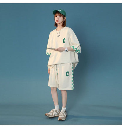 超人気  ルーズ アメリカンスタイルのカジュアルなクロップドジャケット<U-5164> 半袖Ｔシャツⅹパンツセット全2色 <U-8209>