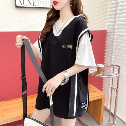 おすすめ アバンギャル 大活躍 ドレイヤード風 切り替え 全2色 半袖Tシャツ<U-8752>