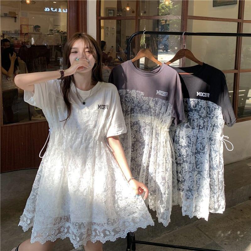 売れ筋 切り替え レース フェイクレイヤード 膝丈 半袖 Tシャツワンピース ＜U-1953＞