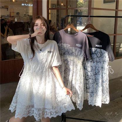 売れ筋 切り替え レース フェイクレイヤード 膝丈 半袖 Tシャツワンピース ＜U-1953＞
