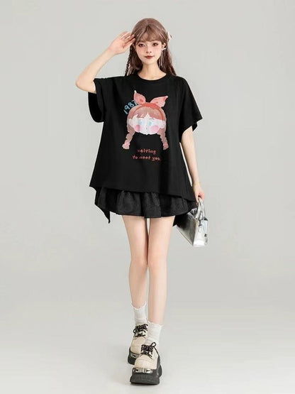 着回し力抜群 ゆったり ファッション感満々 ロング丈 2色半袖Tシャツ＜U-11068＞