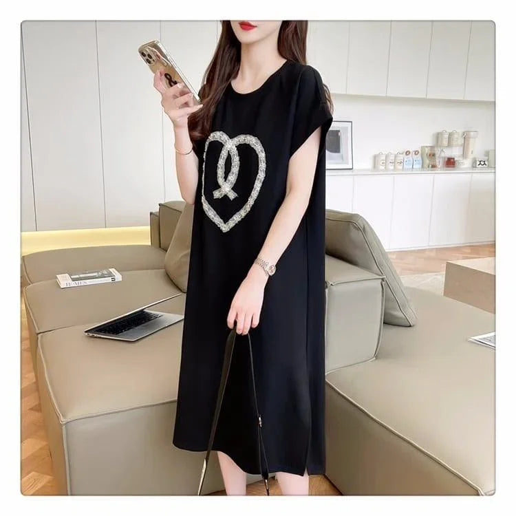 韓国系 ロング ハートマーク Tシャツ 半袖 ＜U-2837＞