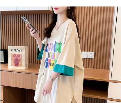 絶対欲しい プリント ラウンドネック 切り替え 全2色 半袖Tシャツ ＜U-8672＞