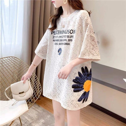 優しい雰囲気 透かし彫り 花柄 プリント ロング Tシャツ ゆったりワンピース ＜isf-3033＞