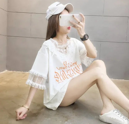 エレガントなレースステッチ半袖Tシャツ<U-3030>