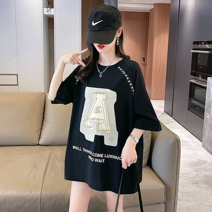 超人気商品 ロング アルファベット プリントTシャツ 三色 ゆったり半袖 ＜U-4019＞