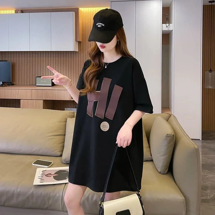 ファッション ロング プリントTシャツ 丸襟 半袖＜U-2807＞