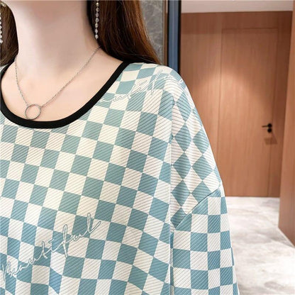 好感度満載 ラウンドネック 女性力を高める チェック柄 Tシャツ カットソー＜U-2985＞