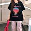 夏新作 プリントTシャツ 夕日 黒 ゆったり半袖＜U-2959＞