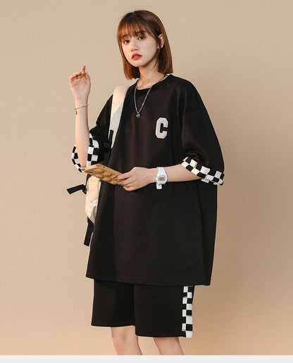 超人気  ルーズ アメリカンスタイルのカジュアルなクロップドジャケット<U-5164> 半袖Ｔシャツⅹパンツセット全2色 <U-8209>