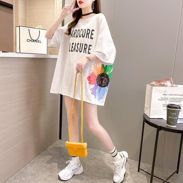 おすすめ アルファベット 花柄 Tシャツ 三色 ゆったり ロング 半袖 ＜U-2946＞