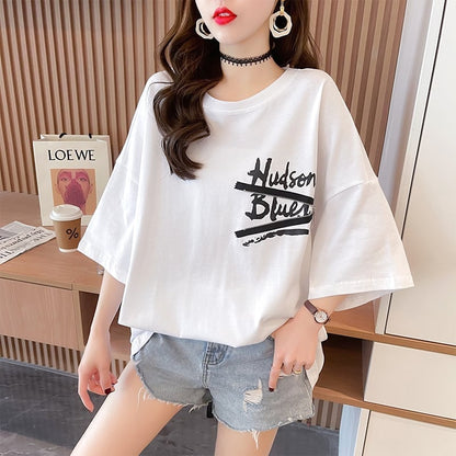 デザイン個性ゆったりミドル丈半袖Tシャツ<U-3036>