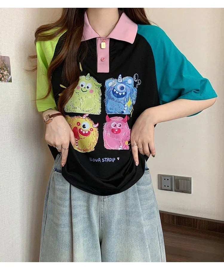 元気いっぱい カラーマッチング POLOネック プリント Tシャツ 半袖 ＜U-2979＞