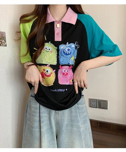 元気いっぱい カラーマッチング POLOネック プリント Tシャツ 半袖 ＜U-2979＞