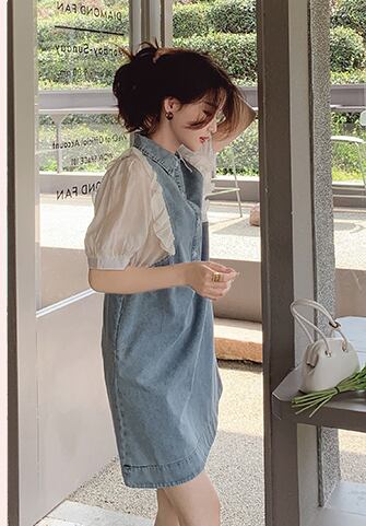 話題沸騰中 切り替え スウィート デニム 半袖ワンピース<U-8387>