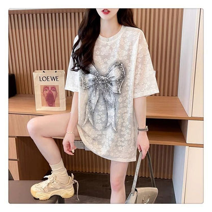 大人可愛い リボン カジュアル デザイン ゆったり 半袖 Tシャツ＜U-8659＞