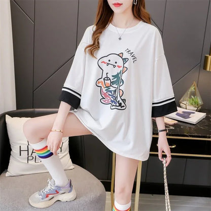 合わせやすい アルファベット ラウンドネック プリントTシャツ ゆったり ワンピース＜U-3992＞
