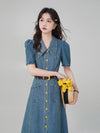 話題沸騰中 ブッファンスリーブ ファッション デニム ワンピース<U-8254>