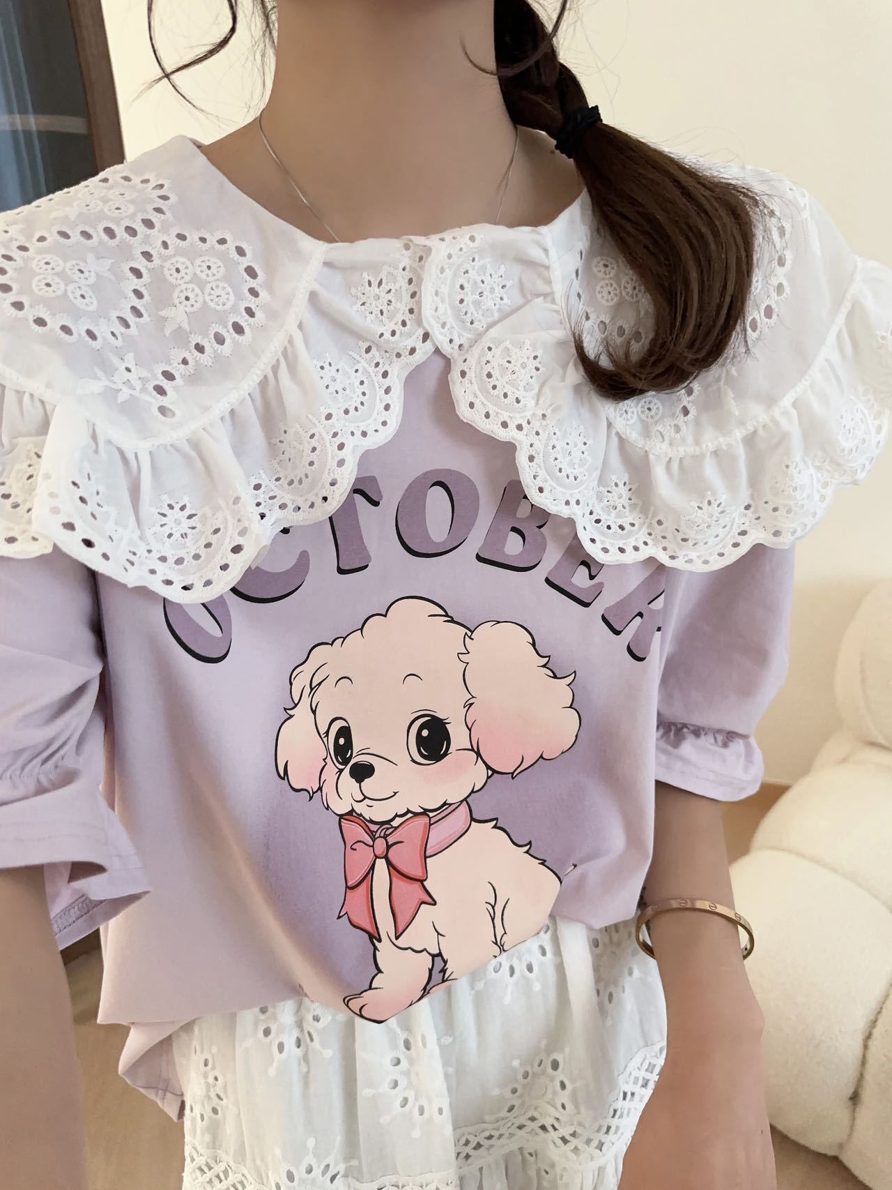 スウィート ワンちゃんロゴ 韓国系 ゆったりTシャツ半袖<U-4882>