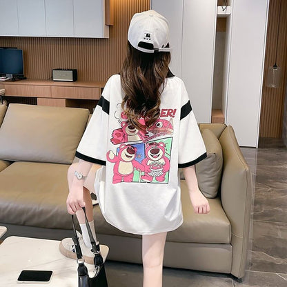 POLOネック 切り替え 熊柄 ロング プリント Tシャツ 二色 ゆったりワンピース ＜U-3020＞