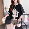 韓国系 猫柄 POLOネック ロング プリントTシャツ ゆったり半袖 ＜U-2894＞