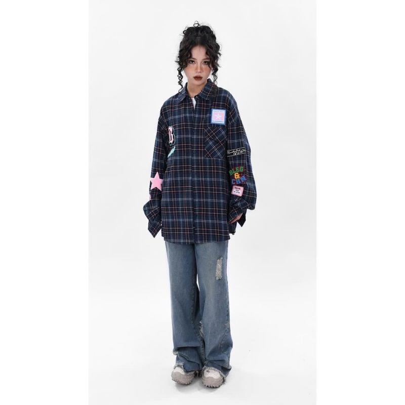 新商品 アバンギャルド 大活躍 カジュアル 刺繍 チェック柄 全2色 男女兼用 シャツ ＜U-9167＞