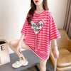 韓国風ピンクストライプゆったり立体装飾半袖Tシャツ<U-2985>