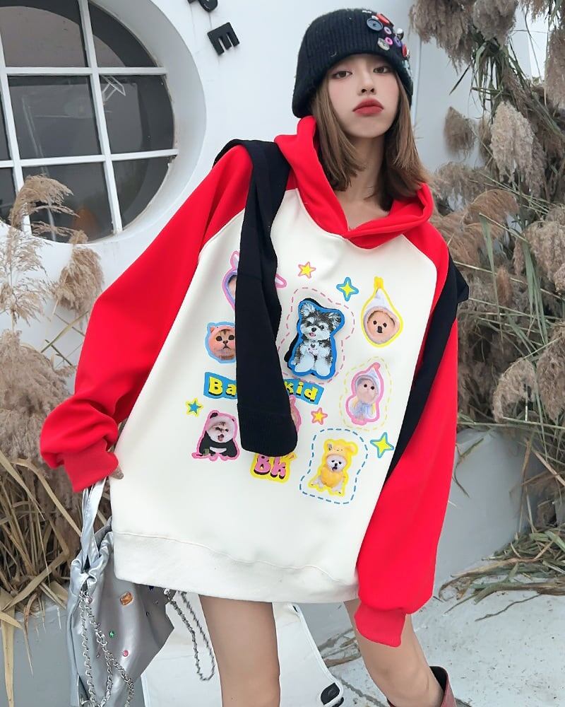 超人気商品猫柄犬柄ロゴ厚手ラグランパーカー全3色オーバーサイズトップス＜U-4473＞