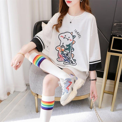 合わせやすい アルファベット ラウンドネック プリントTシャツ ゆったり ワンピース＜U-3992＞