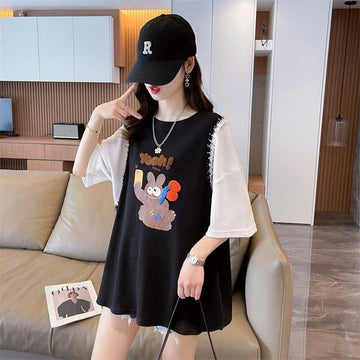 ワッフルフェイクツーピース漫画立体刺繍半袖Tシャツ<U-2871>