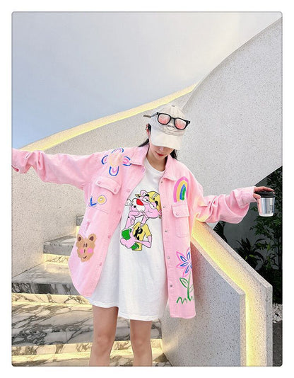 売り切れ必至 韓国風ファッション 上質 アバンギャルド プリント デニム Tシャツ ＜U-9479＞